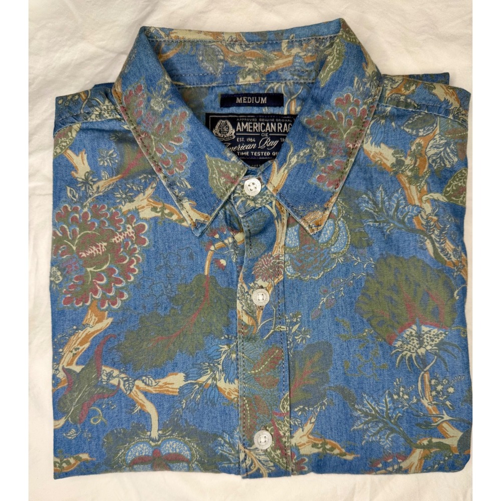 American Rag Mens Medium Blue Trees Print Short Sleeve Button Down‎ sz M hipster